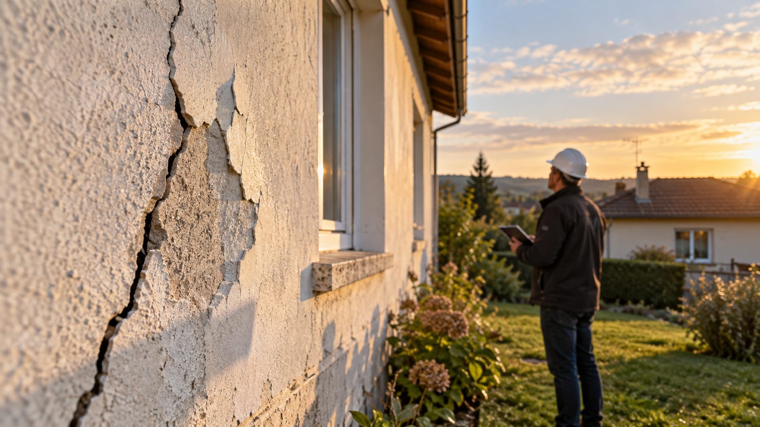 Façade ancienne fissurée, inspectée par un professionnel au coucher du soleil