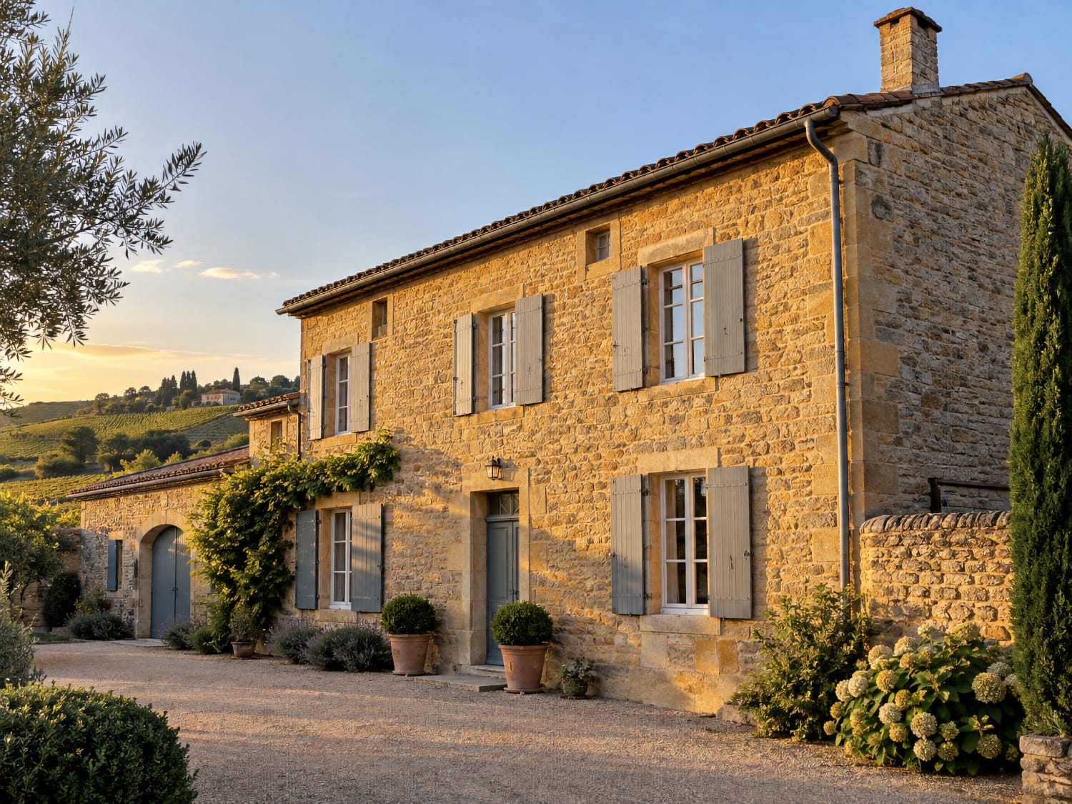 Maison de vigneron en pierre dorée dans le Beaujolais, illustrant la diversité des supports de façade