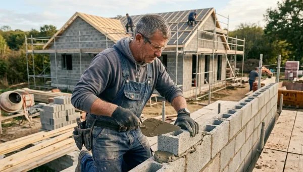 Maçon montant un mur devant une maison en construction