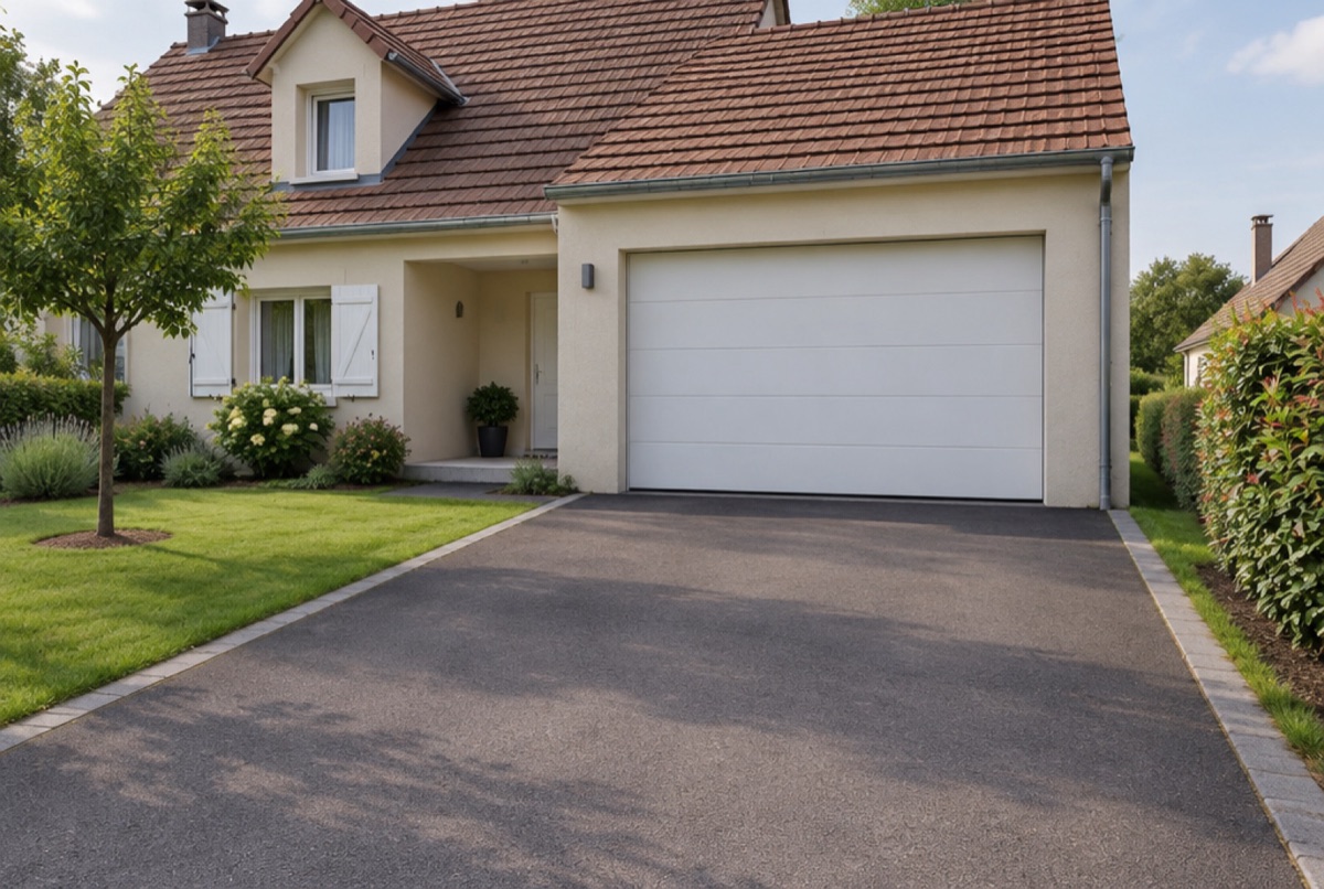 Porte de garage sectionnelle blanche à panneaux rainurés sur une maison rénovée