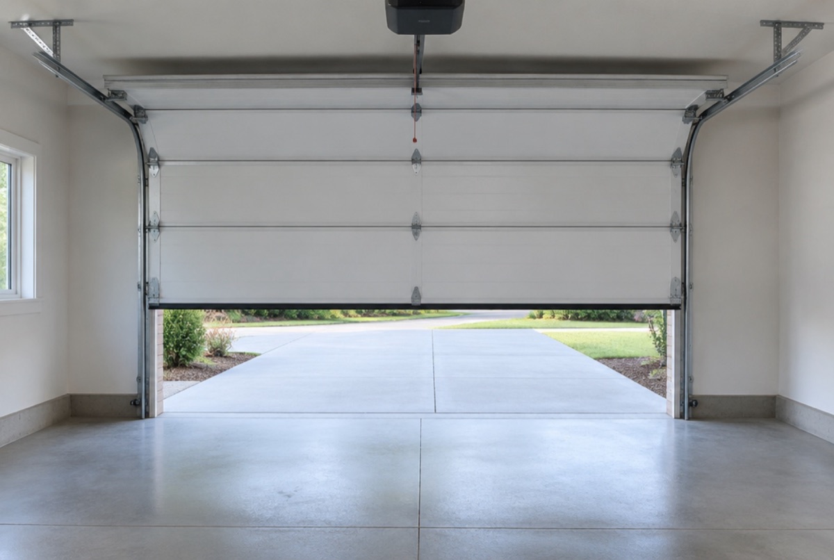 Rails et panneaux d'une porte de garage sectionnelle vus de l'intérieur du garage